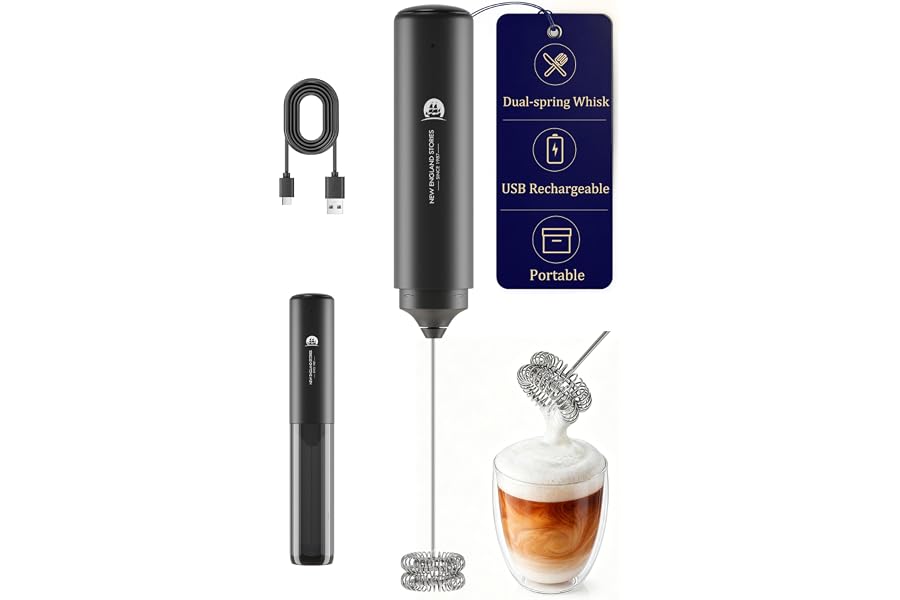 New England Stories Handheld Rechargeable Milk Frother Wand | Rich Foam in Seconds, 2-in-1 Dual Spring Whisk, Travel Cover in