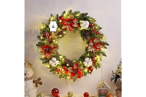 nicojoy クリスマスリース 玄関ドア用 直径40cm LEDライト付き クリスマス 飾り フラワーリース ナチュラルリース 花輪 壁掛け 電池式 高級風 おしゃれ リアル 手作り 室内 置物 玄関 屋外 庭 パーティ イベント ドア 店舗飾り
