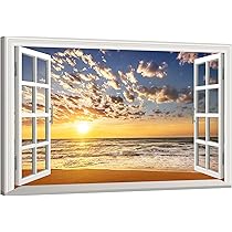 Amazon.co.jp: 窓枠風アートパネル 海装飾画 モダン夕日光壁画