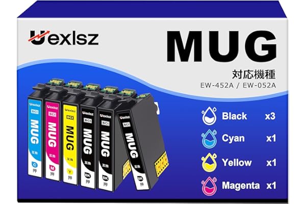 MUG-4CL インク マグカップ (EPSON)用 エプソン対応 MUG 4色 + MUG-BK 黒*2（合計6本セット） Epson対応 EW-452A EW-052A インク 対応 大容量 プリンター 452A 052A エプソン マグカップ インクカートリッジ