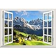 絵画風 壁紙ポスター （はがせるシール式） -窓の景色- アルプスの景色 東アルプス山脈 イタリア 【窓仕様／トリックアート】 キャラクロ ALPS-007MA2 （A2版 594mm×420mm） 建築用壁紙＋耐候性塗料 ＜日本製＞ ウォールステッ