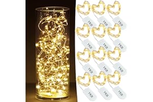 YKB 12 PCS Fairy Lights Battery Operated, 20 Small LED Lights on 3.3ft/1m Silvery Copper Wire, Mini LED Battery String Lights Powered by 2xCR2032, Twinkle for Mason Jar Christmas Decorations Wedding