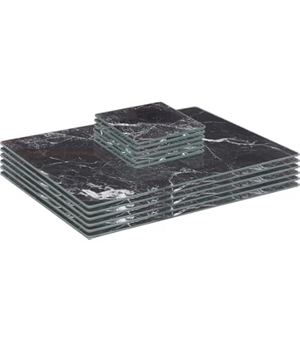Argon Tableware Black Marble Placemats & Coasters Set - 12-Piece, Stone Material, Table Protector