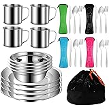 Jorunhe 29pcs Outdoor Camping Tableware Kit Stainless Steel Tableware Mess Kit Includes Plate Bowl Cup Spoon Fork Knife in Me