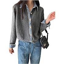 Amazon | [YAYAMIYA] デニム×ニット パッチワーク カーディガン 韓国風