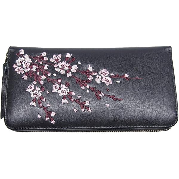 花旅楽団 桜と金魚の刺繍入りレザー長財布 Amazon | [花旅楽団] レザーウォレット SLWL-502 桜と金魚刺繍