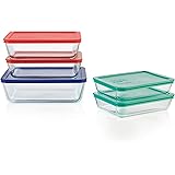 Pyrex 1136617 Simply Store Rectangular Glass Food Containers With BPA Free Plastic Multi Coloured Lids, 10 Piece Set