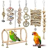 Aidiyapet バードトイ 鳥おもちゃ オウムブランコ 鳥グッズ 鳥の遊び場 吊下げタイプ玩具 セキセイインコおもちゃ 噛む玩具 組み合わせ 棚 台 原木塗料不使用 (7点セット)