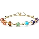 Jovivi 7 Chakra Stones Bracelets for Women Girls Adjustable 14K Gold Wire Wrapped 8mm Natural Round Gemstone Beads Reiki Heal