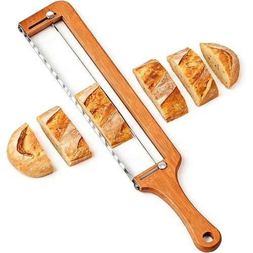 Adjustable Bread Slicer with Thickness Guide, Ambidextrous Wooden Knife for Crusty Sourdough Baguettes