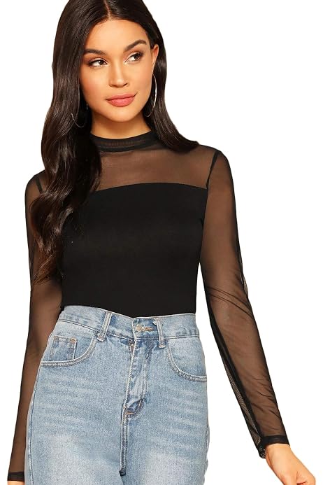 Mesh Puff Sleeve High Neck Slim Fit 