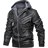 CARWORNIC Men's Faux Leather Jacket Casual Brown Motorcycle Jacket with Removable Hood