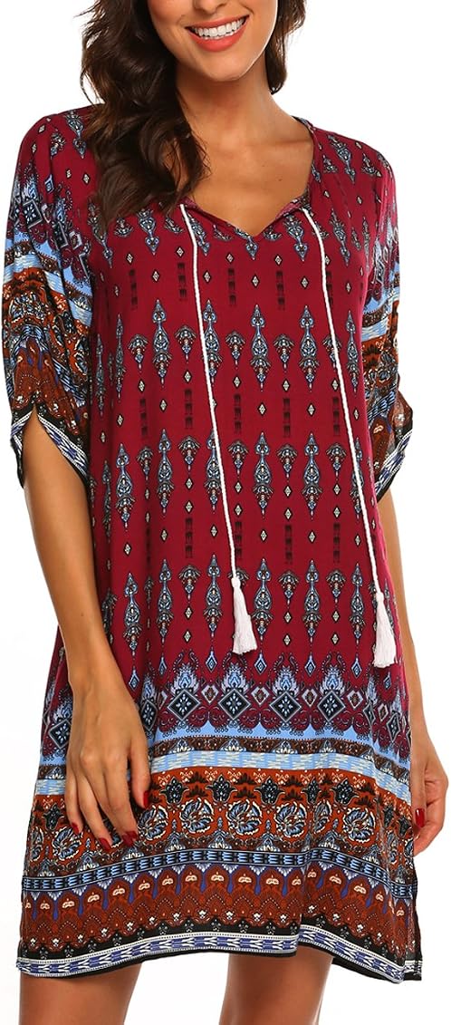 Halife Women's Bohemian Vintage Floral Printed Loose Casual Boho Tunic Dress  Wine Red,M : Amazon.com.au: Clothing, Shoes u0026 Accessories