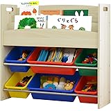 RiZKiZ 絵本棚付おかたづけ収納ラック エッジクッション付き 【ナチュラル×カラフルボックス】 幅86.5cm おもちゃ箱 おもちゃ収納 トイラック トイボックス マガジンラック おもちゃラック 本棚