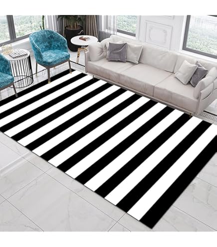 NEIGHBOHOOD ラグ・カーペット 黒と白 Amazon｜ブラックとホワイト ストライプ ラグ 4フィート x 6フィート