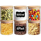 ComSaf Glass Storage Jars with Bamboo Lids, 600 ml, Set of 6, Round | Small Glass Containers, Spice Jar , Snack Jar, Coffee B