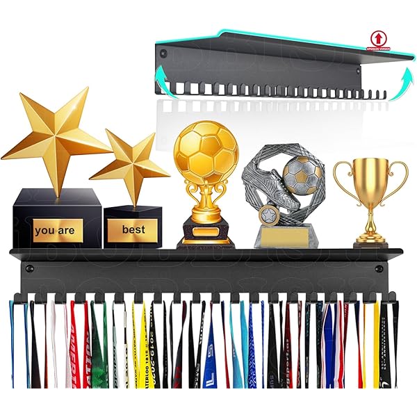 Defined Deco Medal Display Shelf - Wood & Iron Rack With 32 Hooks (15.7" Long) - View #7