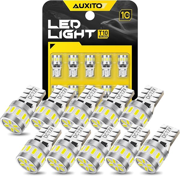 AUXITO T10 LED5倍明るさアップホワイト 爆光 T10 LEDポジションランプ ナンバー灯 ルームランプ 高耐久 無極性 3014LED素子6500K DC12V 10個入り - 1
