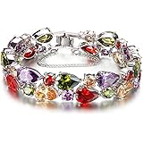 Hermosa Bracelet for Women,Morganite Topaz Garnet Amethyst Ruby Aquamarine Silver Bangle Cuff 8 inch