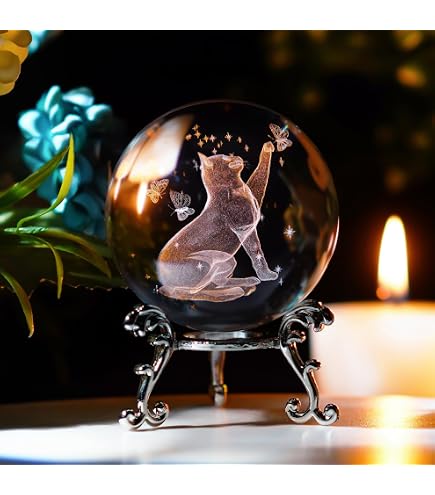 3D Crystal Cat Ball Figurine With Light Base – 2.36 Inch Glass Animal Sphere Gift For Cat Lovers, Home Decor
