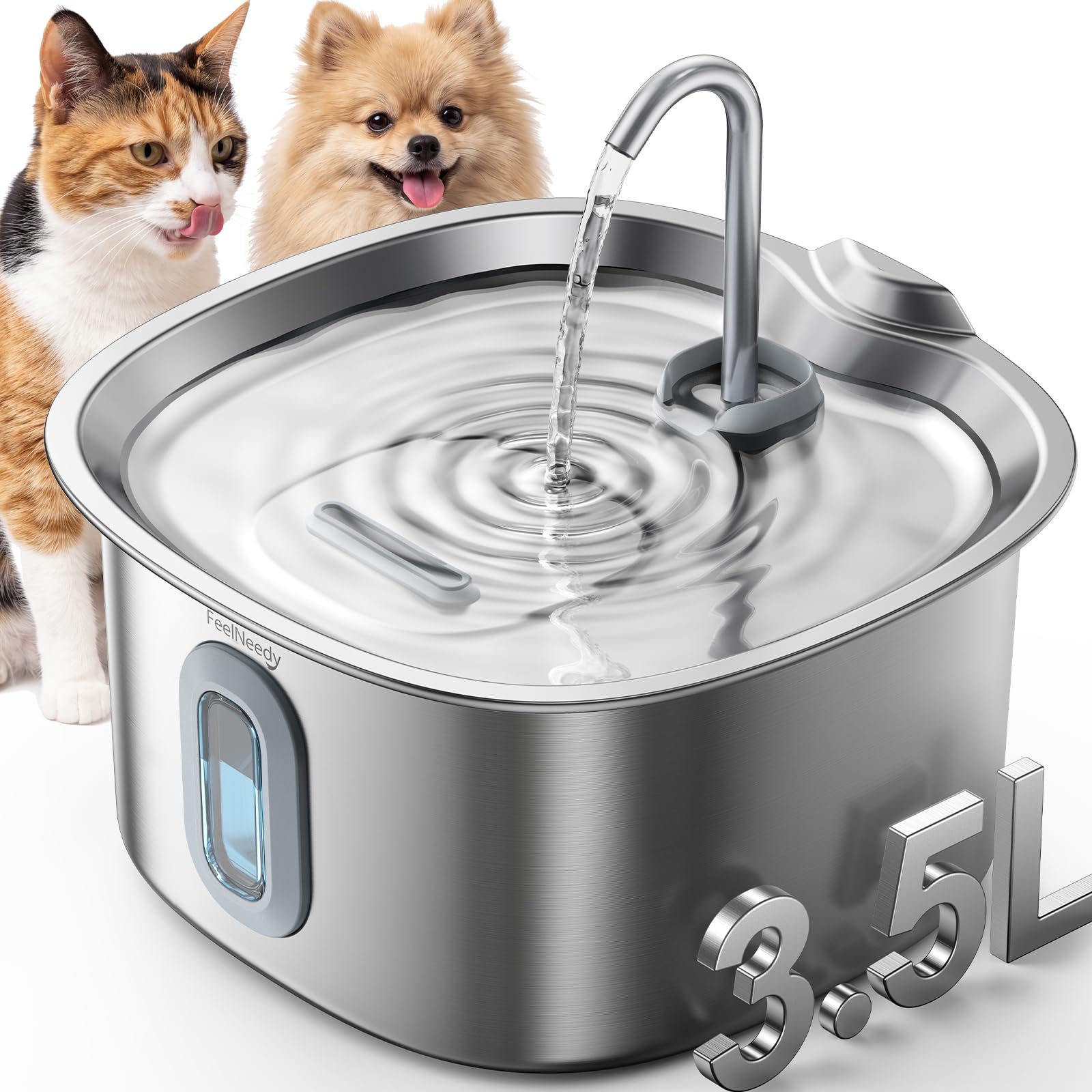 猫 水 ステンレス製循環式自動給水器 3.5L コンパクト猫 給水機 FEELNEEDY 猫給水器 犬 みずのみ器 ペット用給水器 5段階濾過 猫 水飲み器 自動水循環 お留守番対応 水位確認窓付 活性炭フィルター付 お手入れ簡単,FN-W31