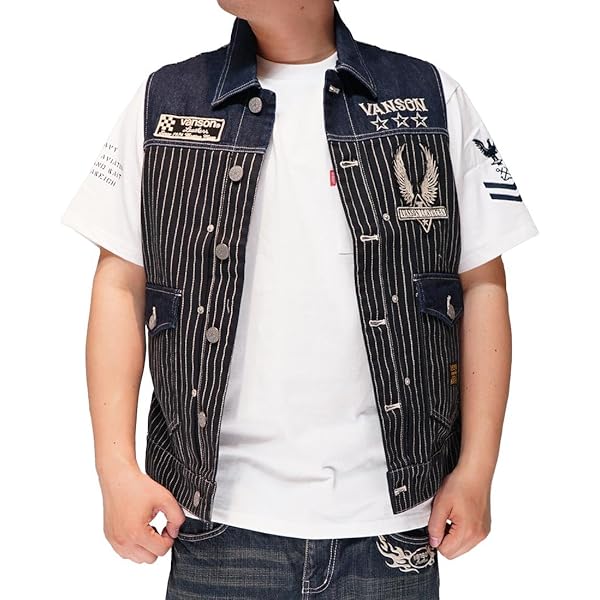 Amazon | バンソン ラインロゴ ボーン刺繍 デニムベスト ジレ メンズ