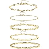 14K Gold Chain Bracelets Set for Women Girls, Dainty Gold Paperclip Link Bead Bracelet Stackable Layered Bracelets Metal Fash