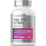 Hair Skin and Nails Vitamins | 300 Softgels | with Biotin and Collagen | Infused with Argan Oil and Coconut Oil | Non-GMO, Gl