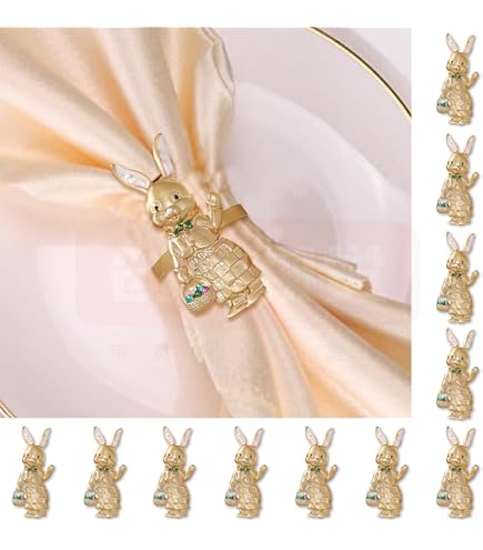Kigley 12-Piece Gold Bunny Napkin Rings - Metal Easter Table Decor, Vintage Rabbit Holders