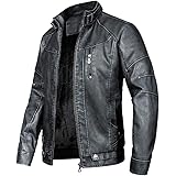 WULFUL Men's Vintage Stand Collar Leather Jacket Motorcycle PU Faux Leather Jacket Fleece Lined Winter Outwear