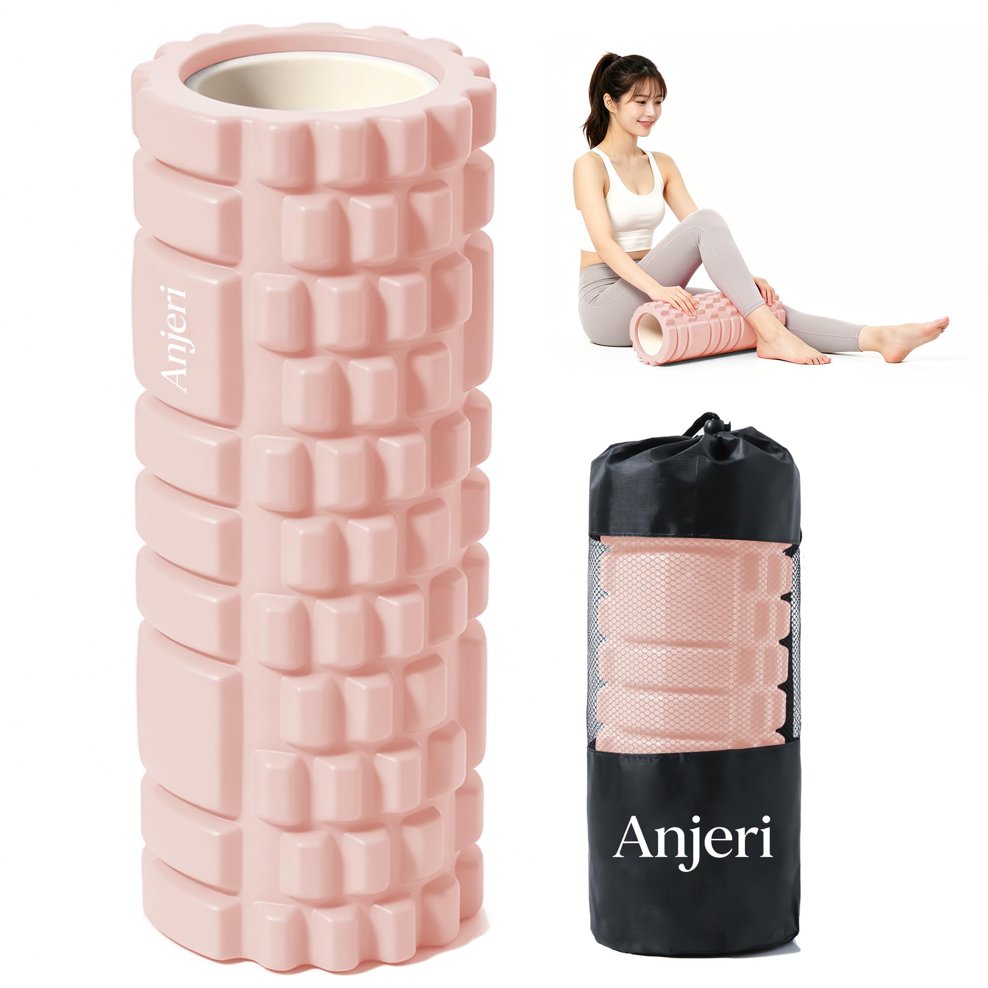 フォームローラー Anjeri 筋膜リリースローラー ヨガストラップ ヨガポール きんまくローラー トレーニング ストレッチ器具 スポーツ フィットネス 収納バッグ付き ライトピンク