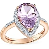 Personalized Gemstone Pear-Shape Teardrop Pave CZ Halo 2-Amethyst or Created Opal Ring For Women Rose Gold Plated .925 Sterli