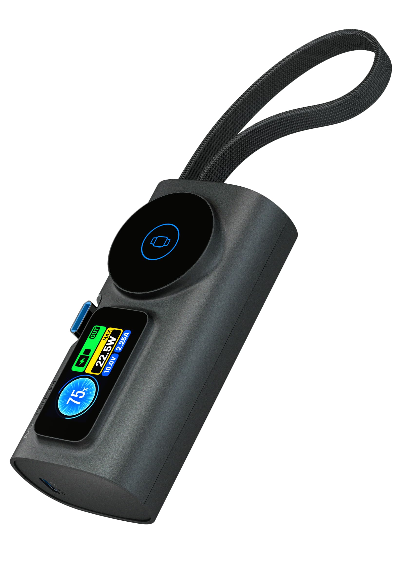 MATECH PowerNano Watch 5000 (22.5W, USB-Cケーブル & コネクタ一体型) モバイルバッテリー 5000mAh 軽量 小型 コンパクト【USB-C一体型】iPhone18/17/16/Switch2対応 (ブラッ