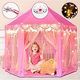 キッズテント 女の子のおもちゃハウス 可愛い子供用テントハウス プリンセスの城型 折り畳み式 キラキラLEDスターライト付き 知育玩具 秘密基地 室内遊具 簡単に組立 お誕生日 出産祝い クリスマスプレゼント おままごと Monobeach (ピンク