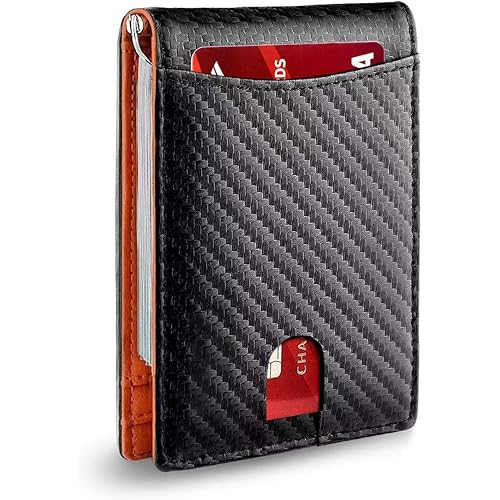 Mens Wallet & RFID Wallet, Carbon Fiber Leather Wallets for Men with 12 Card Slots and Money Clip, Slim Bifold Wallet with Gi