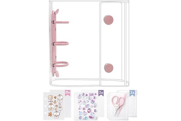 GOKEI シール帳 プラバン 透明 A8 ミニ バインダー 【リフィル×20枚 チャック付きボケット×2枚 下敷き×2枚】 PPシート カードポケット シール台紙 手帳 プリ帳 カードスリーブ 透明シール帳 はがせる バインダー型ノート 女の子 コラージュノート (ピンク)