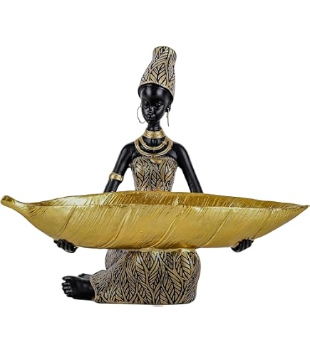 BRABUD African Tribal Lady Resin Statue & Tray - Black & White Home Decor For Jewelry, Candy, Or As Shelf Decor