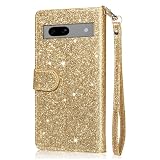 【KOOLRIVER】Google Pixel 7a用 カバー 手帳型 PUレザー スタンド機能 カード収納 ストラップ付き グリッター 可愛い キラキラ お洒落 デコ PUレザーケース グーグル ピクセル7a アンドロイド ファスナー付きポケット スマートフォン/スマホケース/カバー(ゴールド)