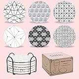 SUEH DESIGN セラミックコースター 珪藻土よりも良い 吸水カップマット 保護コルク裏面 オリジナル幾何模様 6個セット ホルダー付き おしゃれ 贈り物