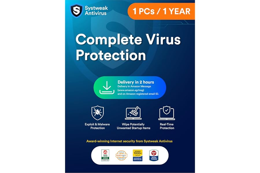 Systweak Antivirus for Windows 1 PC, 1 Year | Real-Time Protection | Exploit & Malware Protection | USB Protection | Firewall