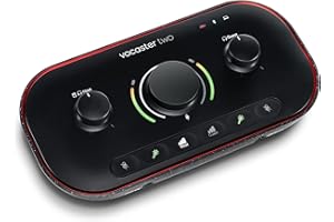 Focusrite Vocaster Two — Podcasting Interface for Recording Host and Guest. Mic Inputs Headphone Outputs, with Auto Gain, Enhance, Mute. Small, Lightweight, Powered by Computer Black