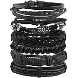 Manfnee 6PCS Braided Faux Leather Bracelet Punk Cuff Wrap Bracelets for Men Women Adjustable Black