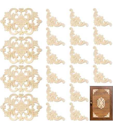 Vicenpal 10 Pcs Decorative Wood Appliques - Furniture Onlays For DIY, Corner Edge Design, Rubber Wood, 8.66x5.51 Inches