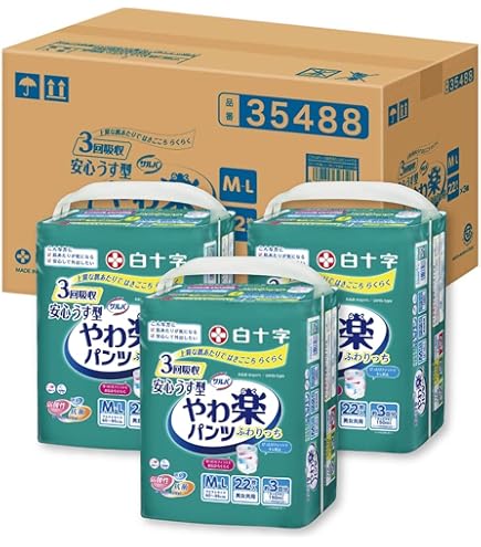 白十字 うす型パンツL～LL 36枚 x 3個(合計108枚) 大人用紙おむつ サルバ 大人用紙おむつ 白十字 うす型やわ楽パンツ LLサイズ ケース(20