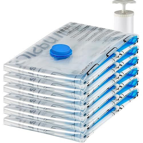 Amazon Basics Reusable Vacuum Compression Storage Bags with Free Hand Pump - Jumbo, 6-Pack - Best for Travel Packing