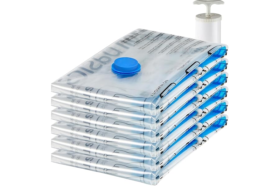 Amazon Basics Reusable Vacuum Compression Storage Bags with Free Hand Pump - Jumbo, 6-Pack - Best for Travel Packing