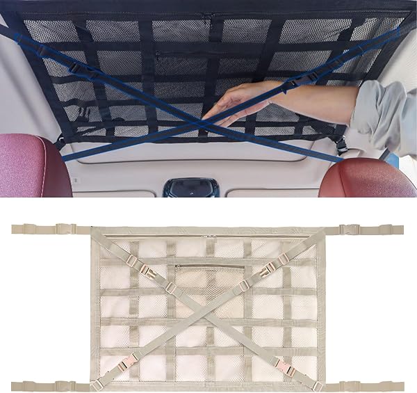 CZEAR 車 ネット 天井 車 収納 車用天井収納ネット 簡単取り付け 車中泊 ダブルファスナー 荷物落下防止 バックル固定 大容量の二層構造デザイン (ベージュ,78×53cm) - 1