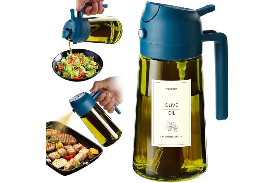 TrendPlain 470ml 2 in 1 Olive Oil Dispenser, Light - Blocking Glass Olive Oil Spray Bottle for Cooking with Stickers - Essent
