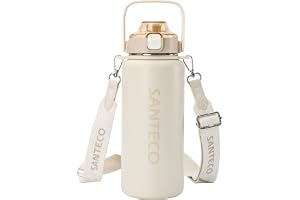 SANTECO 水筒 真空断熱スポーツボトル 1.2L 取りはずしでき肩に 保冷 保温 魔法瓶 ストロー付き 直飲み スポーツドリンク対応 おしゃれ 広口 (クリーム)