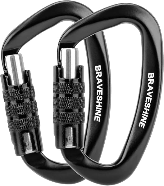 カラビナ 12KN オートロック式 BRAVESHINE 耐荷重1200kg ロックカラビナ Dリング 軽量 ハンモック タープ キャンプ用 荷物のフック 犬のリード用 多機能 2個セット - 1